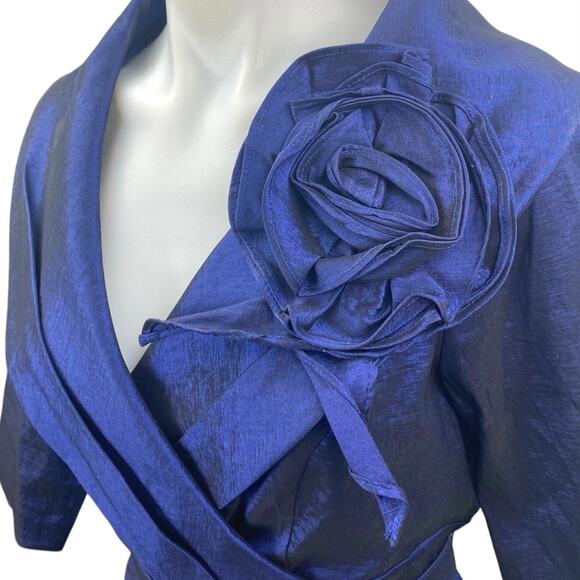 Jessica Howard Blue Taffeta Flower Pleated 3/4 Sleeve Belt Midi A-Line Dress 12P - Picture 4 of 6